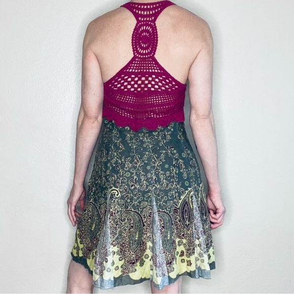 Retro Free People Crochet Floral Hippie Tank Mini Linen Dress - Picture 5 of 6